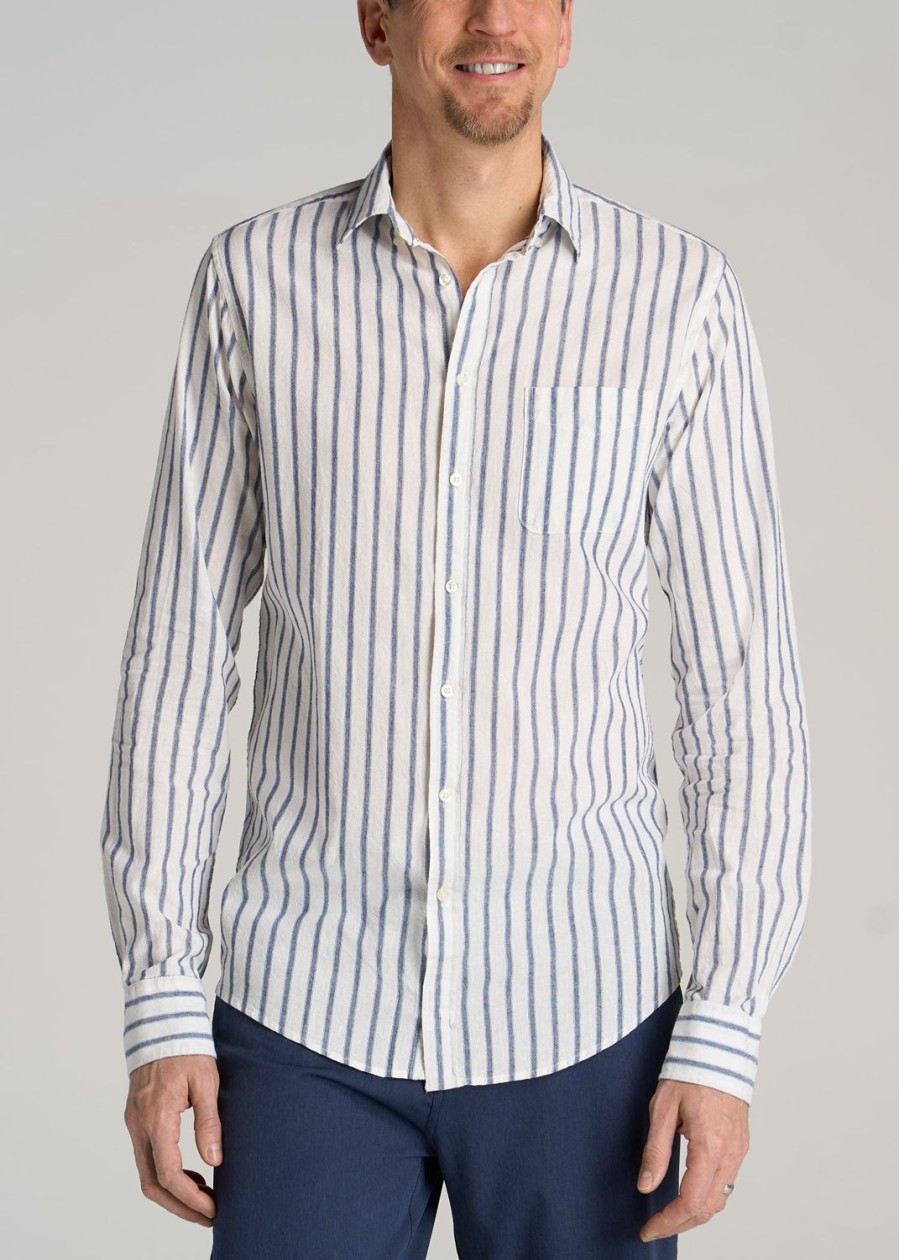 Men American Tall Button Shirts | Linen Long Sleeve Shirt For Tall Men In Navy Stripe