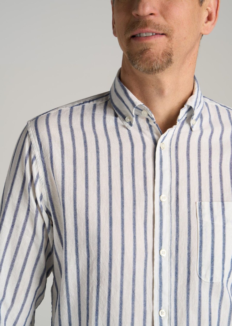 Men American Tall Button Shirts | Linen Long Sleeve Shirt For Tall Men In Navy Stripe