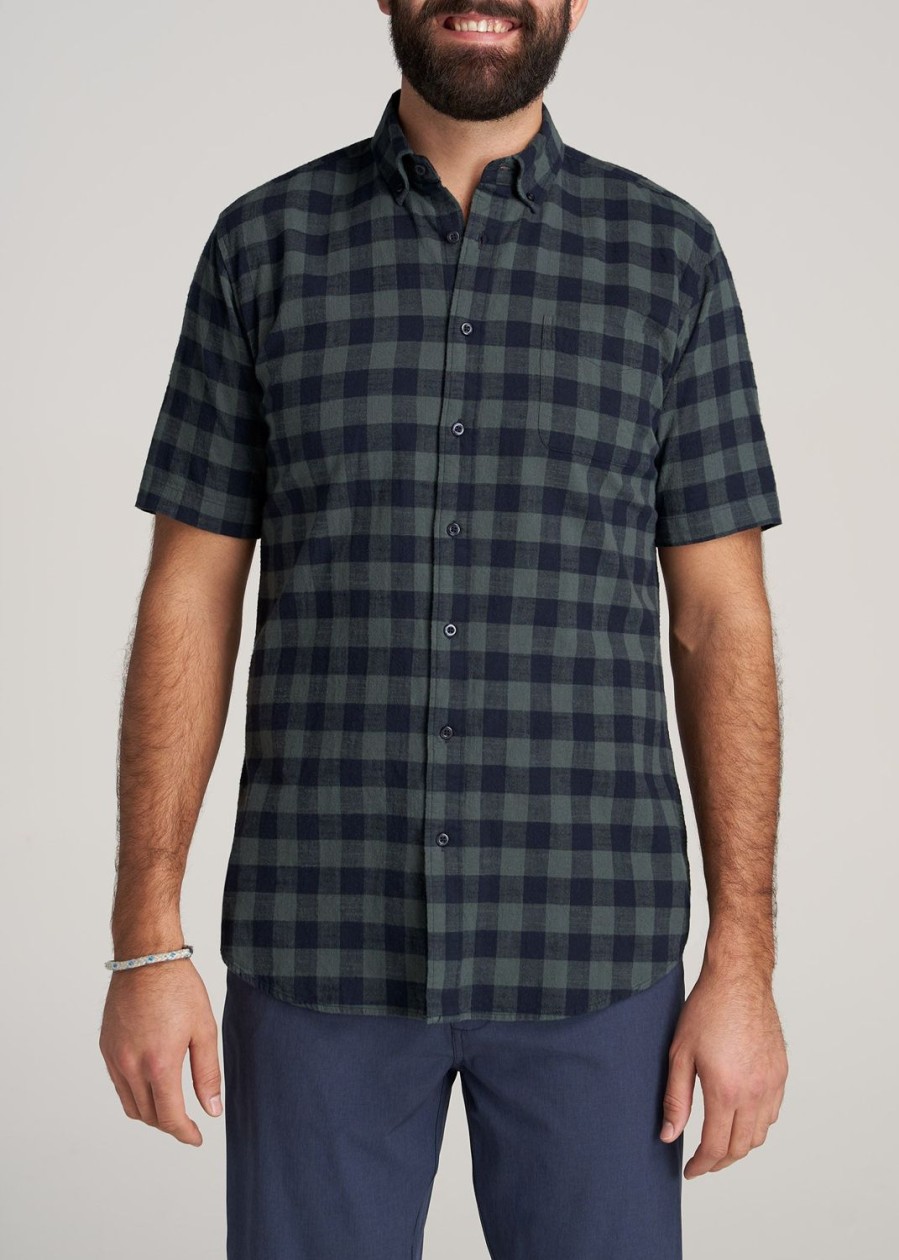 Men American Tall Button Shirts | Short Sleeve Shirt For Tall Men In Midnight Blue & Green Plaid