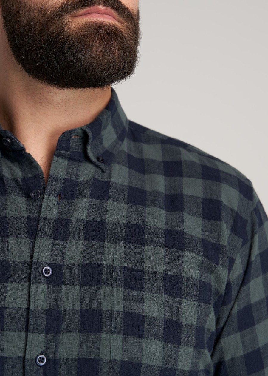 Men American Tall Button Shirts | Short Sleeve Shirt For Tall Men In Midnight Blue & Green Plaid