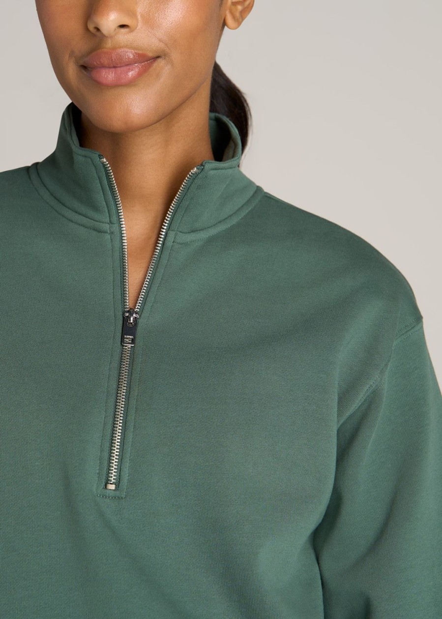 Women American Tall Hoodies + Sweatshirts | Wearever Fleece Cropped Garment Dye Half Zip Women'S Tall Sweatshirt In Fresh Sage