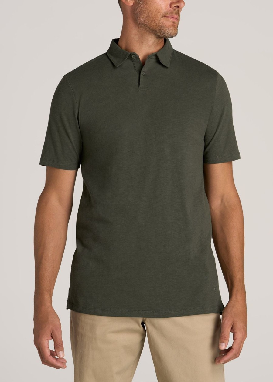 Men American Tall Polos | Slub Self Collar Tall Polo Shirt In Dark Olive Green