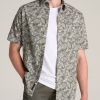 Men American Tall Button Shirts | Chambray Print Short Sleeve Button-Up For Tall Men In Olive Paradise Print