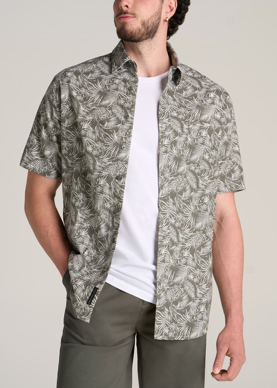 Men American Tall Button Shirts | Chambray Print Short Sleeve Button-Up For Tall Men In Olive Paradise Print