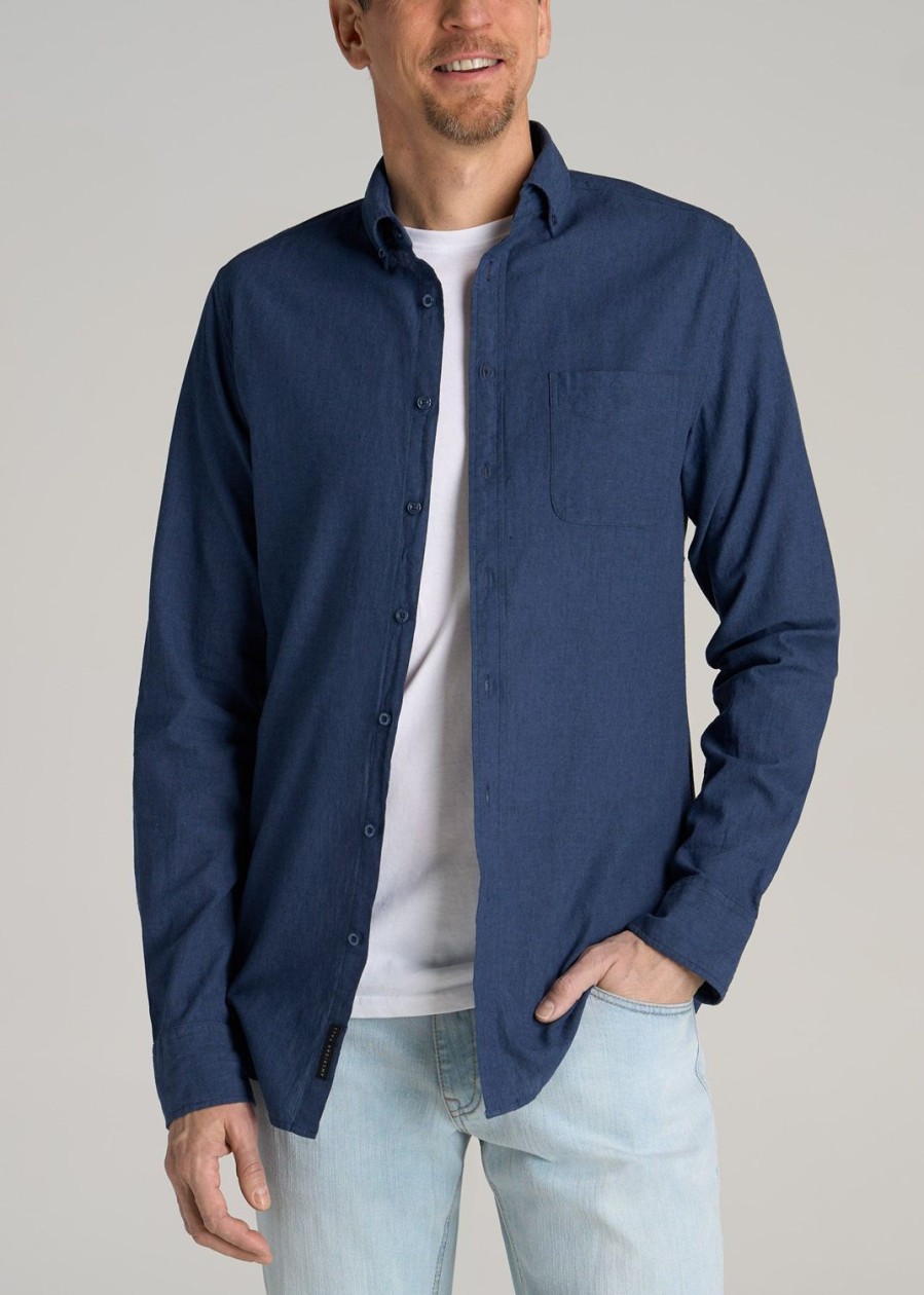 Men American Tall Button Shirts | Linen Long Sleeve Shirt For Tall Men In Lake Blue