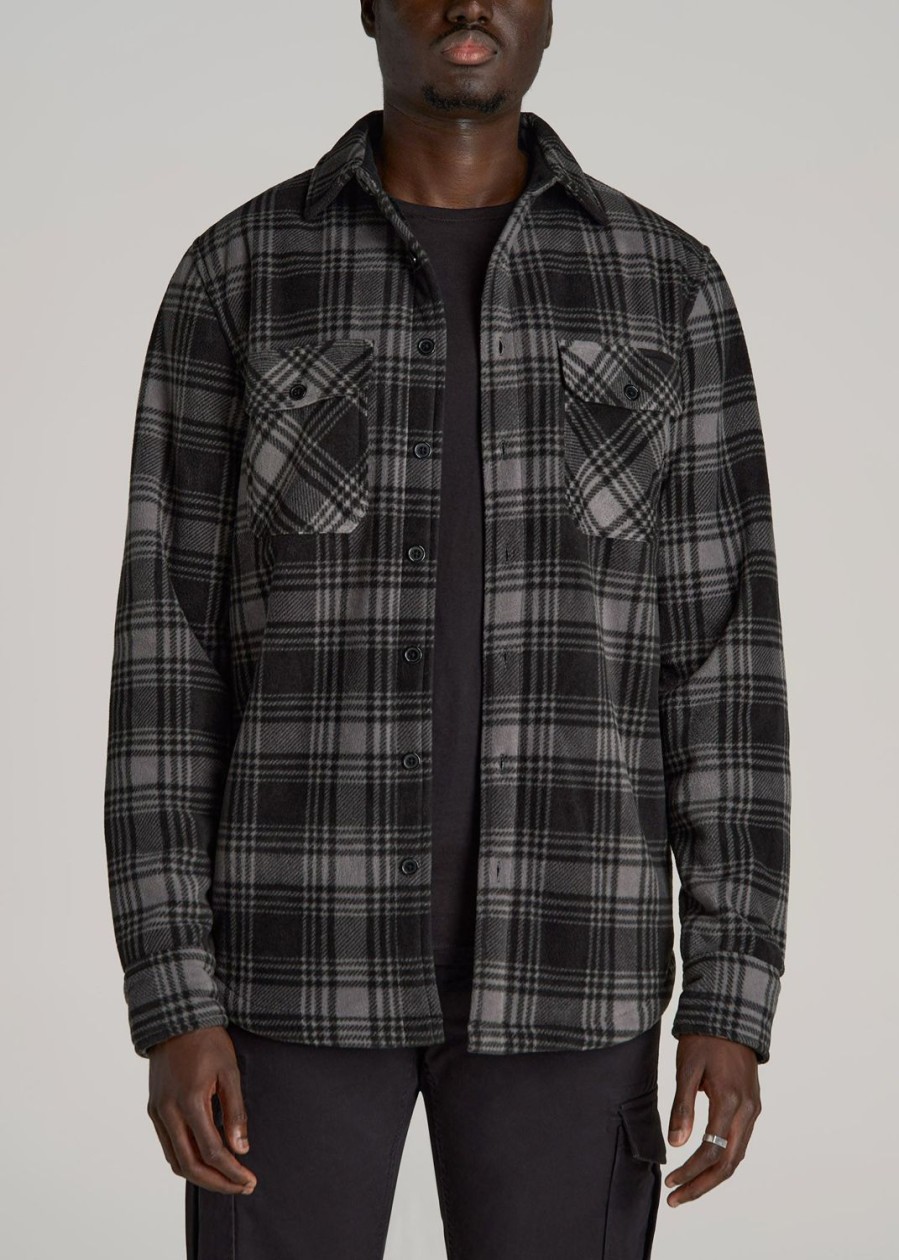 Men American Tall Button Shirts | Sherpa-Lined Fleece Overshirt For Tall Men In Light Grey & Black Plaid