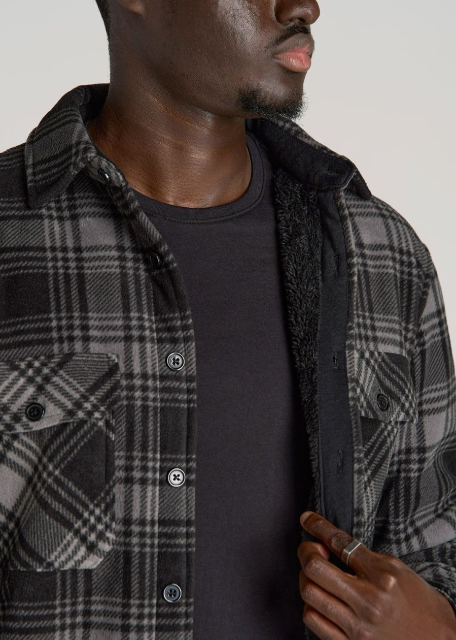 Men American Tall Button Shirts | Sherpa-Lined Fleece Overshirt For Tall Men In Light Grey & Black Plaid