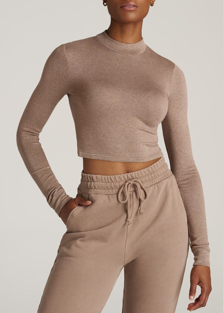 Women American Tall Sweaters | Women'S Tall Crop Mock Neck Sweater In Latte