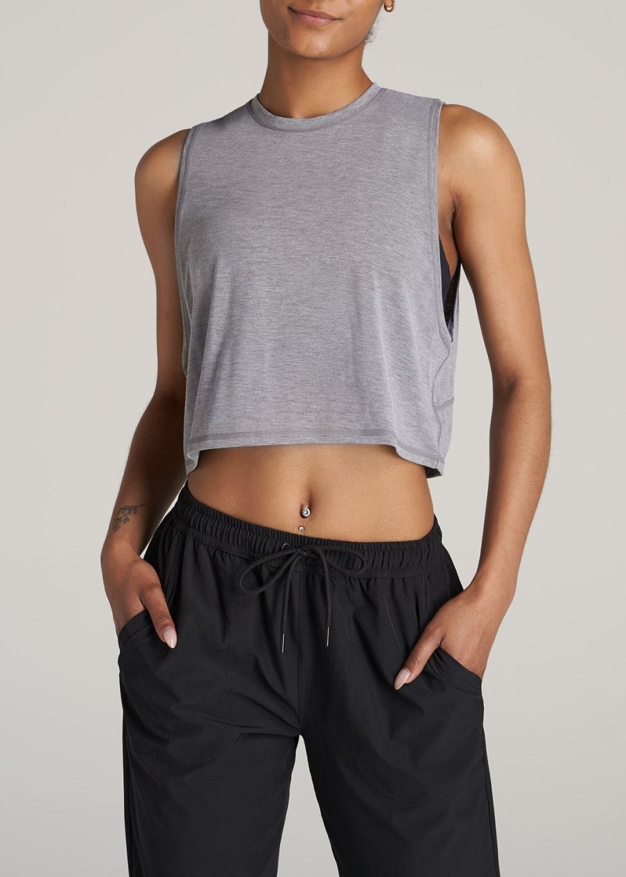 Women American Tall Tees, Tanks + Bodysuits | Athletic Cropped Muscle Tank Top For Tall Women In Grey Mix