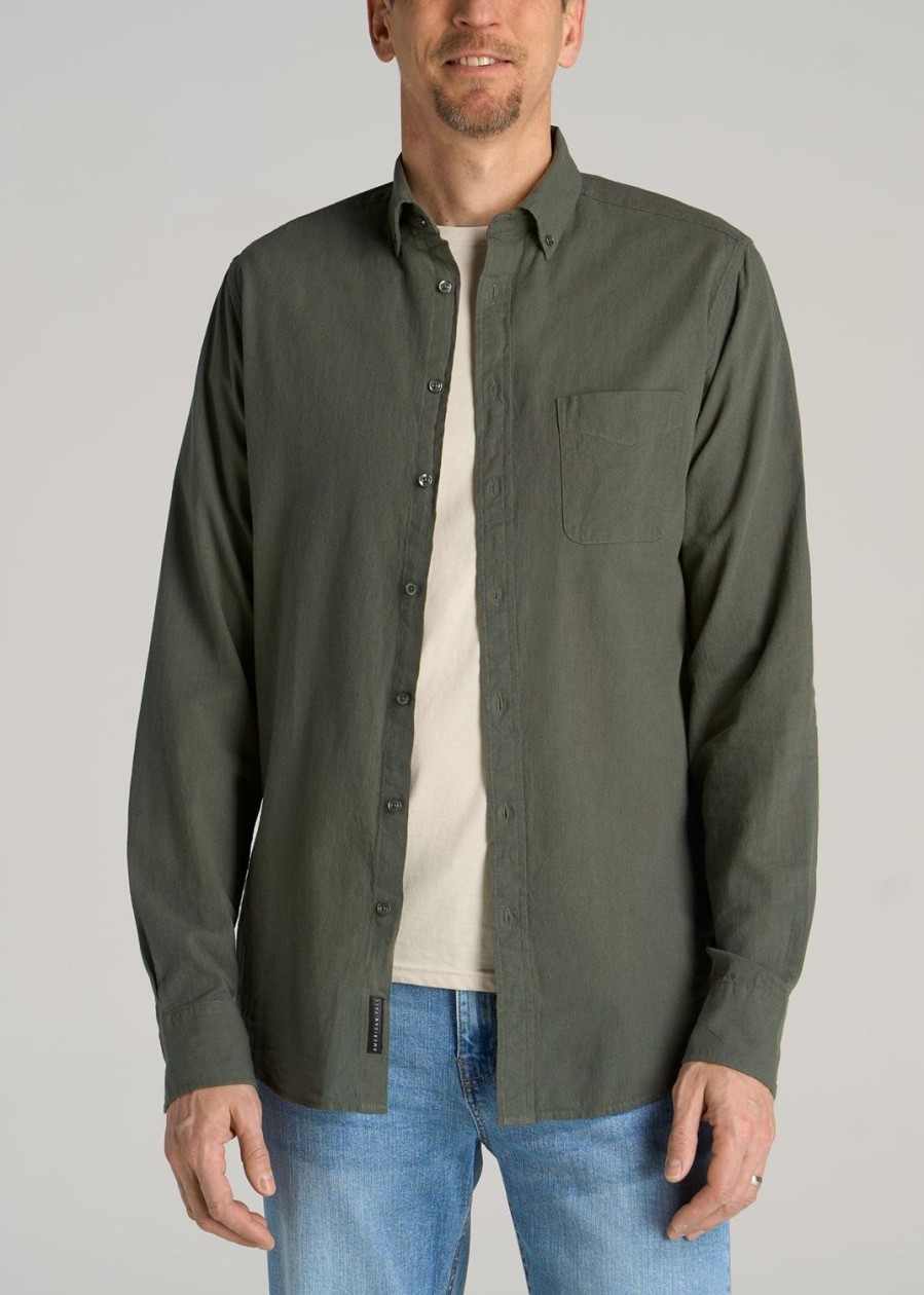 Men American Tall Button Shirts | Linen Long Sleeve Shirt For Tall Men In Spring Olive