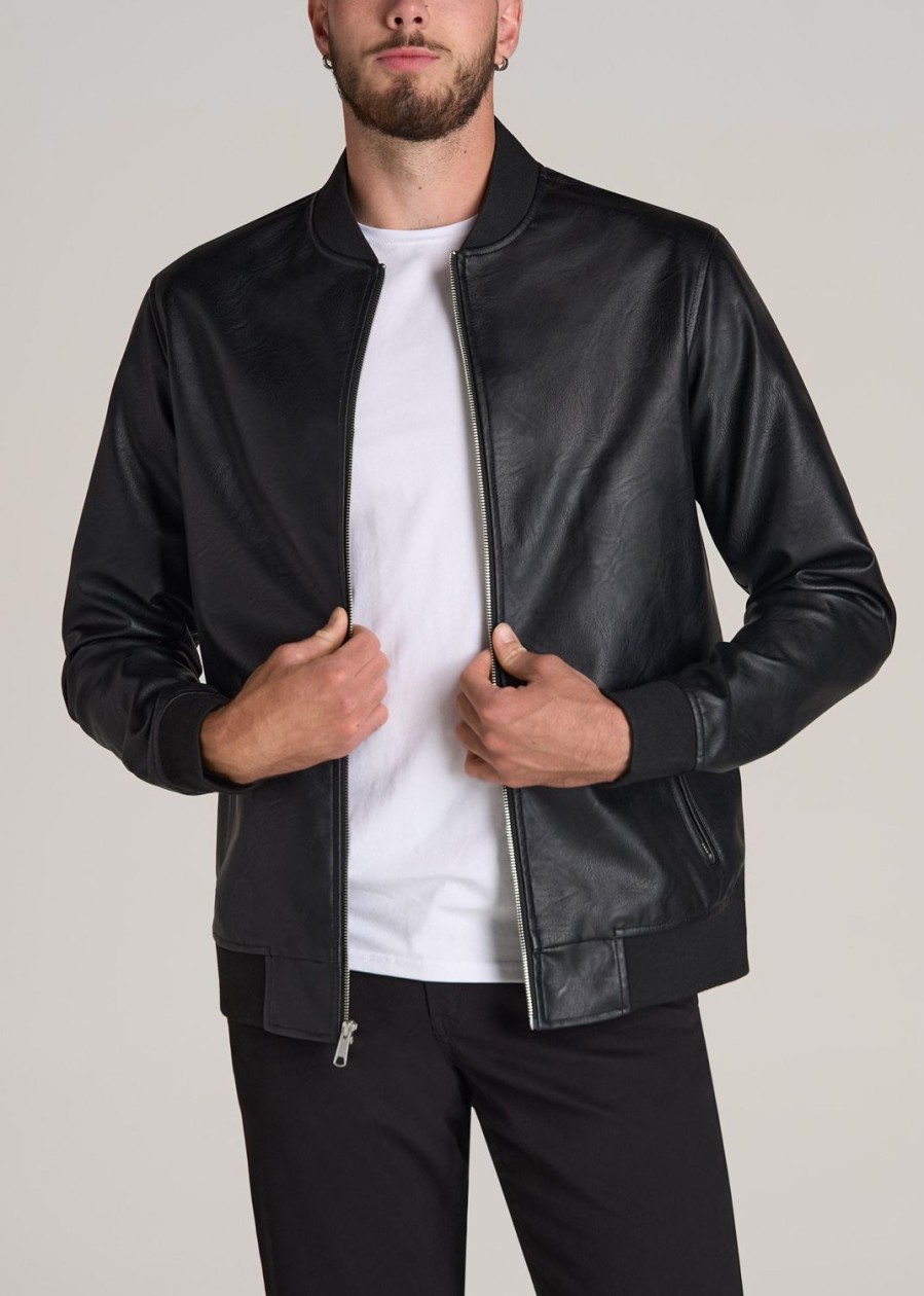 Men American Tall Jackets + Coats | Faux Leather Bomber Jacket For Tall Men In Black