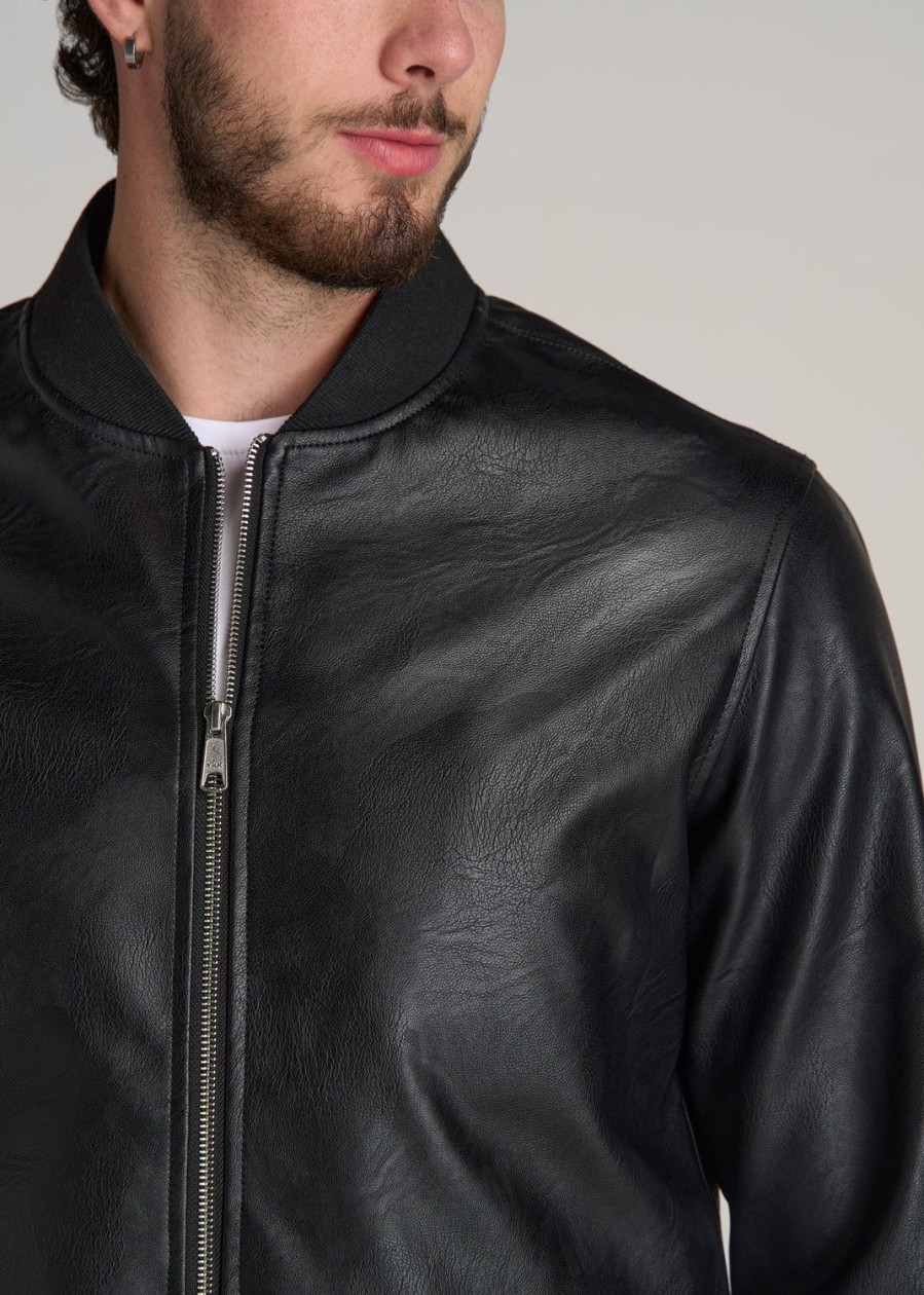 Men American Tall Jackets + Coats | Faux Leather Bomber Jacket For Tall Men In Black