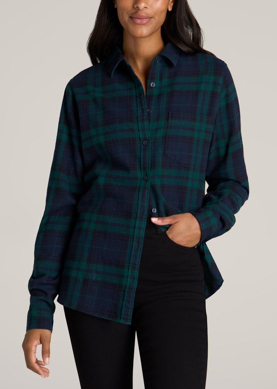 Women American Tall Shirts + Tops | Flannel Button-Up Shirt For Tall Women In Emerald And Navy