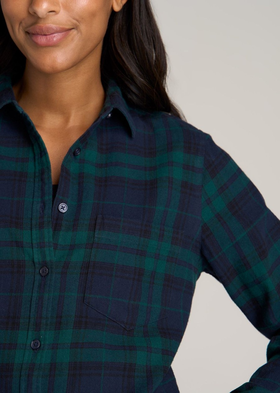 Women American Tall Shirts + Tops | Flannel Button-Up Shirt For Tall Women In Emerald And Navy