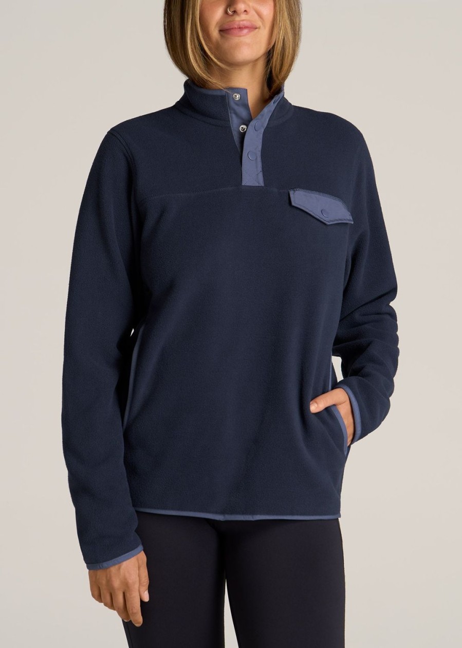 Women American Tall Sweaters | Polar Fleece 3-Snap Pullover Sweater For Tall Women In Regal Blue