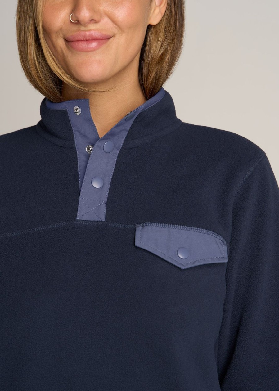 Women American Tall Sweaters | Polar Fleece 3-Snap Pullover Sweater For Tall Women In Regal Blue