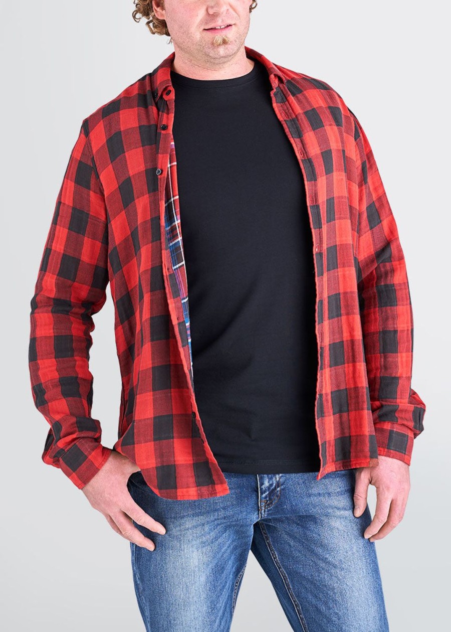 Men American Tall Button Shirts | Double-Weave Button-Up Shirt For Tall Men In Red & Black Plaid