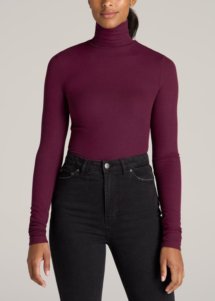 Women American Tall Long Sleeve Tees | Tall Women'S Fitted Long Sleeve Ribbed Turtleneck Tee In Elderberry