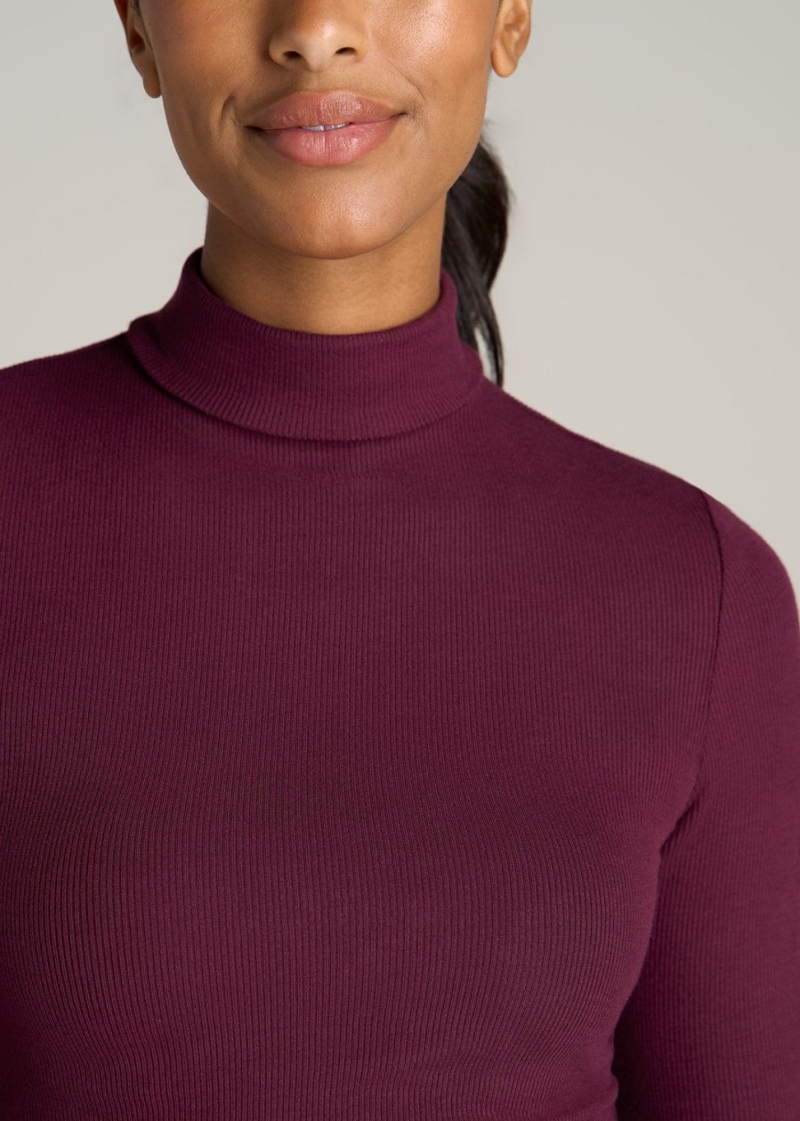 Women American Tall Long Sleeve Tees | Tall Women'S Fitted Long Sleeve Ribbed Turtleneck Tee In Elderberry