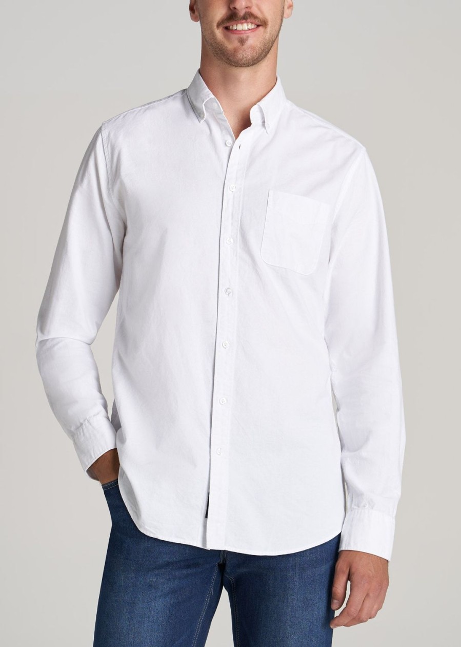 Men American Tall Button Shirts | Washed Oxford Shirt For Tall Men In White