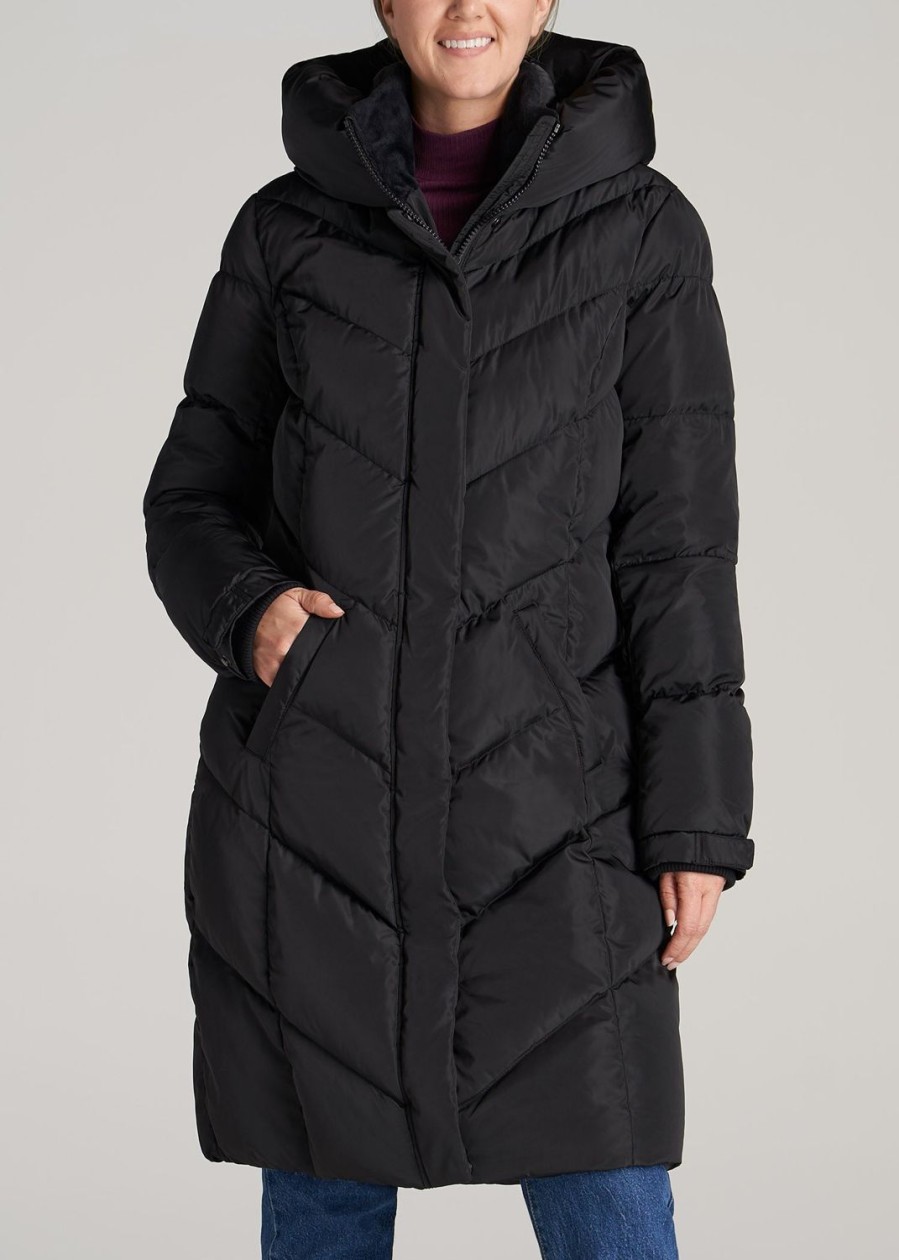 Women American Tall Jackets + Outerwear | American Tall X Point Zero Long Hooded Women'S Tall Puffer Jacket In Black