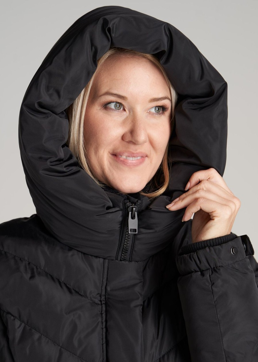 Women American Tall Jackets + Outerwear | American Tall X Point Zero Long Hooded Women'S Tall Puffer Jacket In Black