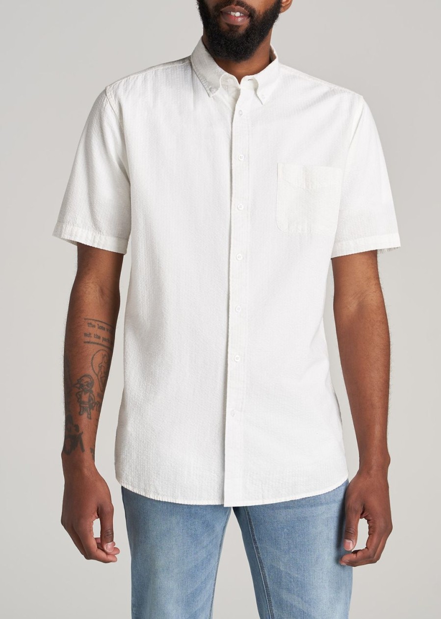 Men American Tall Button Shirts | Seersucker Tall Men'S Short Sleeve Shirt In Ecru