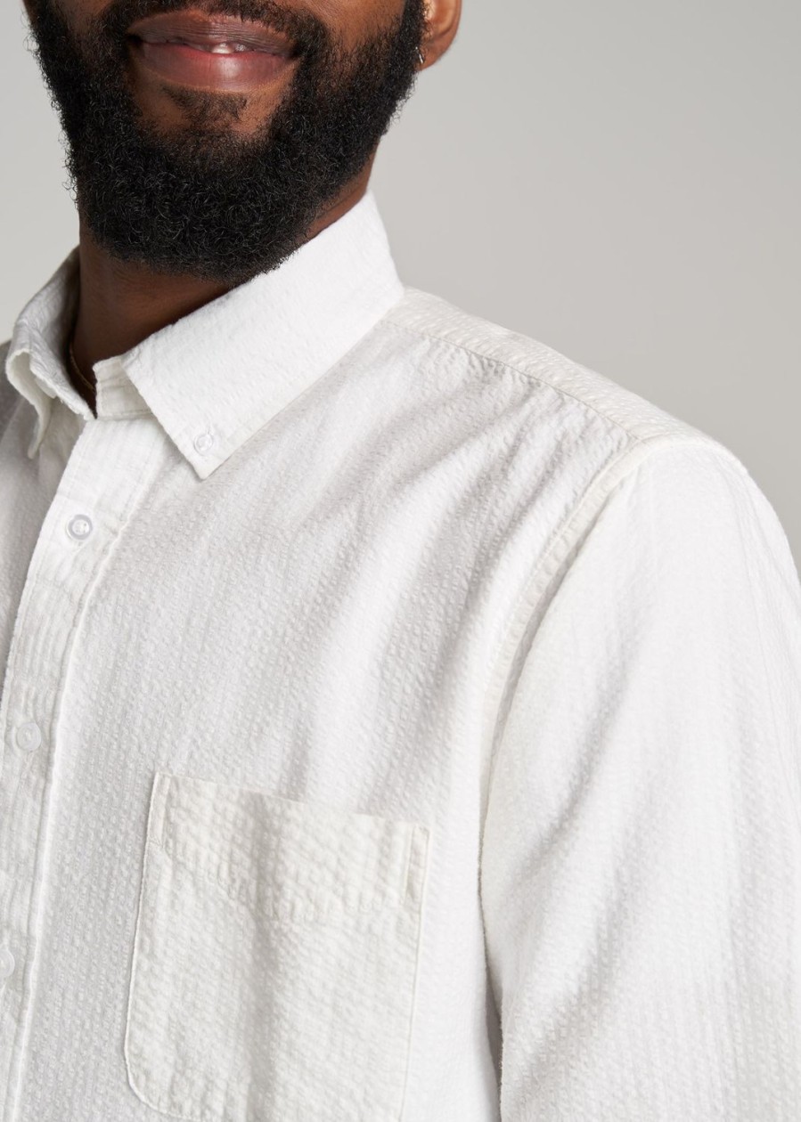 Men American Tall Button Shirts | Seersucker Tall Men'S Short Sleeve Shirt In Ecru