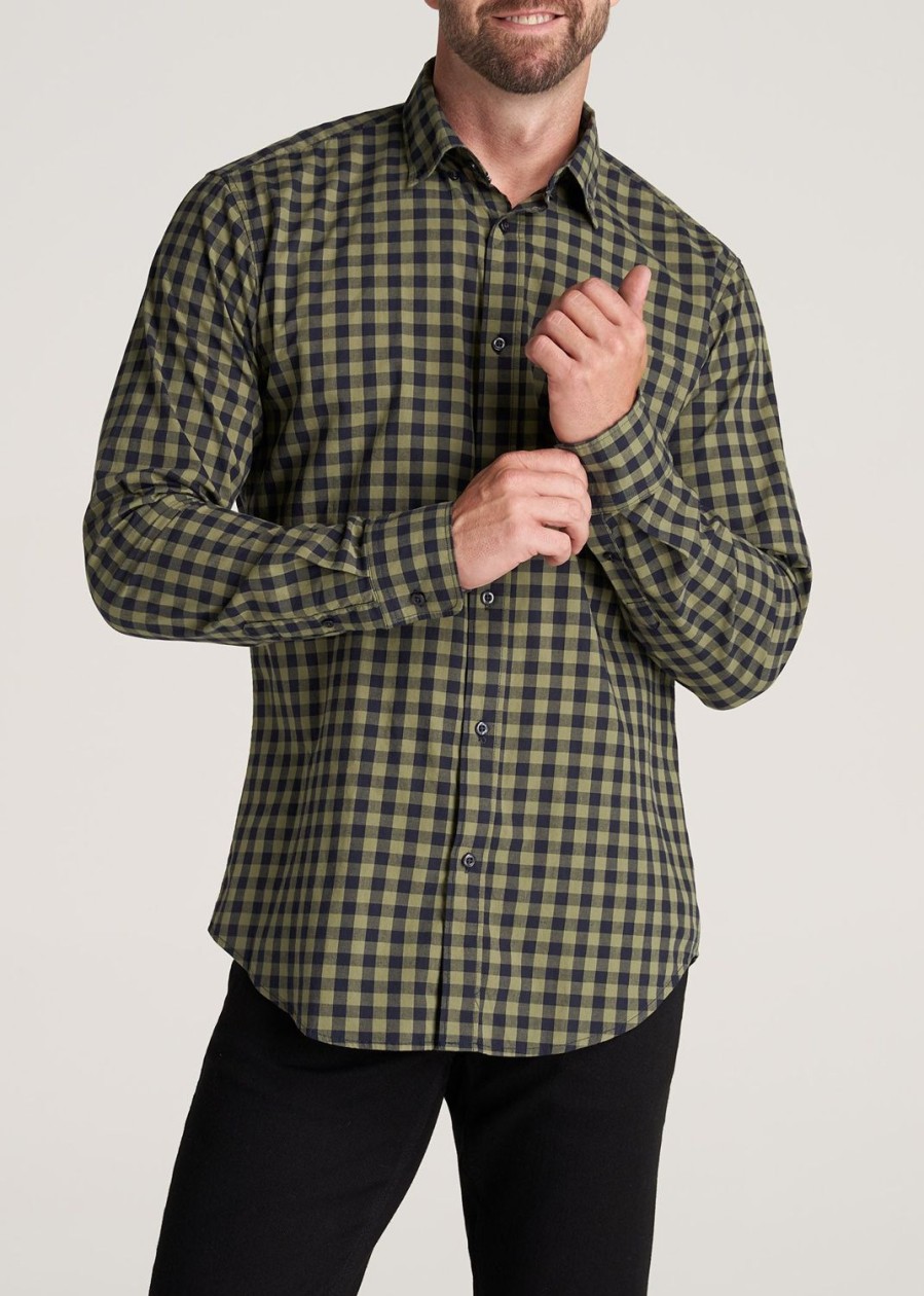 Men American Tall Button Shirts | Soft-Wash Button-Up Shirt For Tall Men In Midnight Blue & Olive Green Plaid