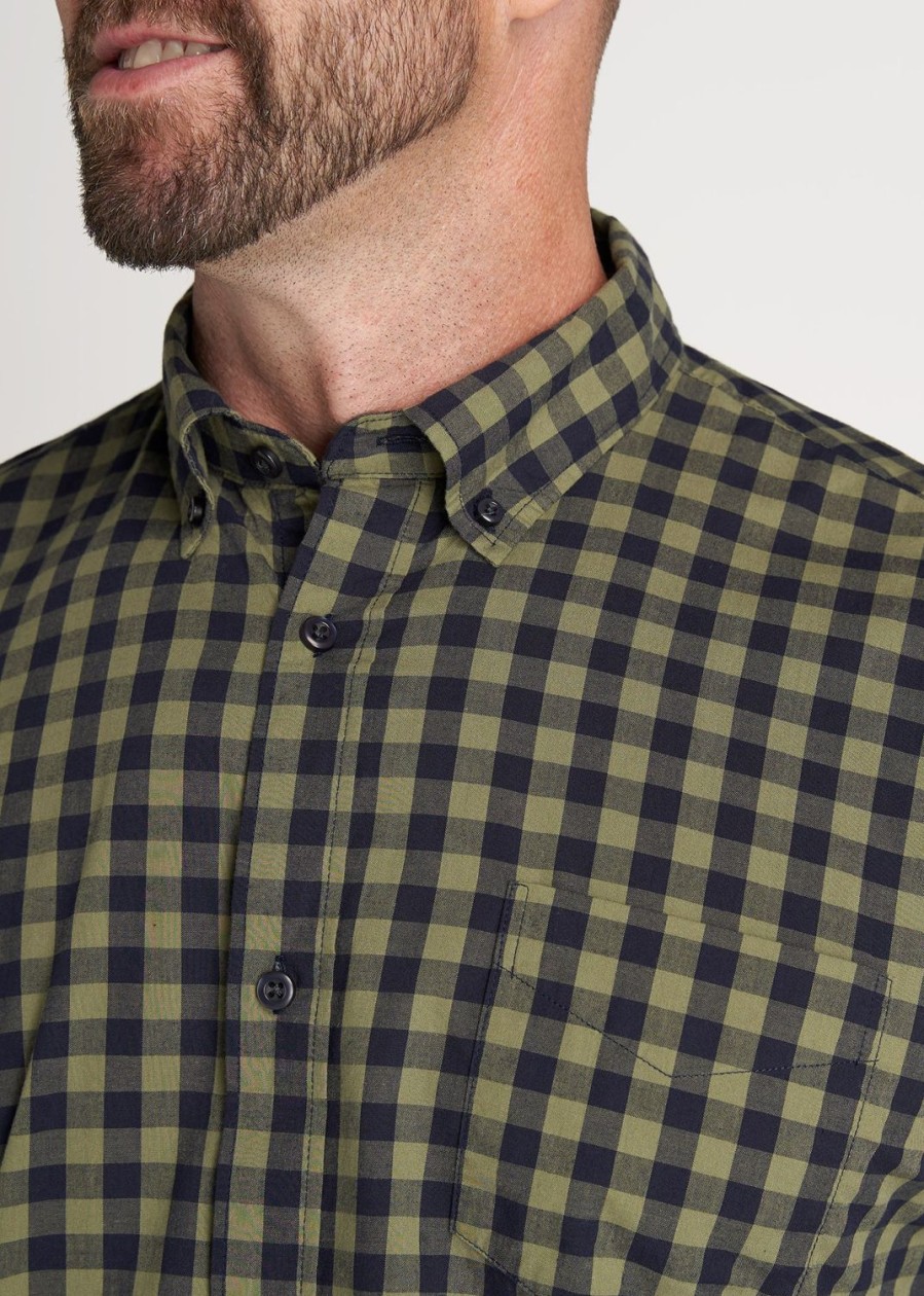 Men American Tall Button Shirts | Soft-Wash Button-Up Shirt For Tall Men In Midnight Blue & Olive Green Plaid