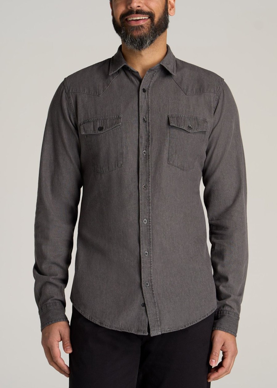 Men American Tall Button Shirts | Lj&S Western Denim Shirt For Tall Men In Grey