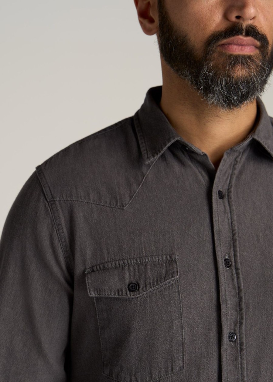 Men American Tall Button Shirts | Lj&S Western Denim Shirt For Tall Men In Grey