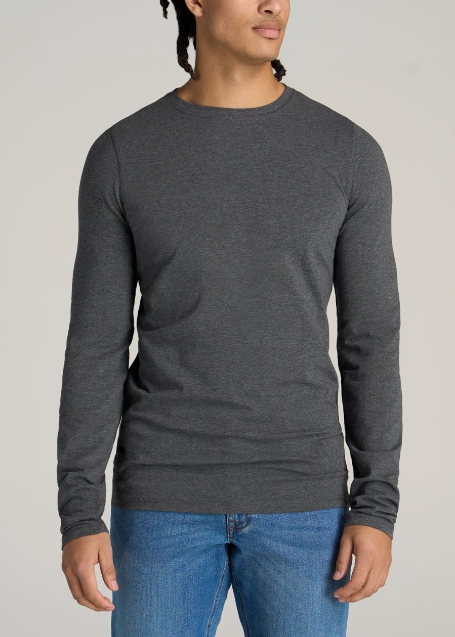 Men American Tall Long Sleeve Tees + Thermals | Original Essentials Slim-Fit Long Sleeve Tall Men'S T-Shirt In Charcoal Mix