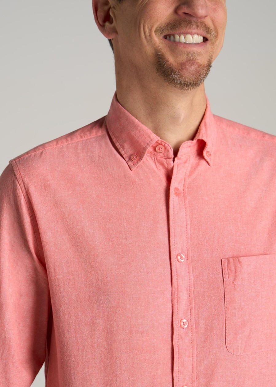 Men American Tall Button Shirts | Linen Long Sleeve Shirt For Tall Men In Dusty Red