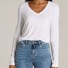 Women American Tall Long Sleeve Tees | Long Sleeve Scoop V-Neck Tee Shirt For Tall Women In White