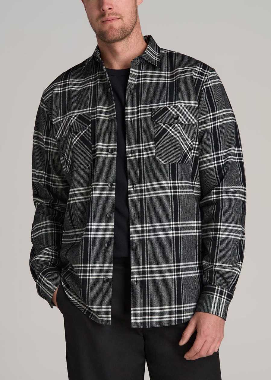 Men American Tall Button Shirts | Lj&S Rugged Plaid Shirt Men'S In Black And Light Grey Plaid