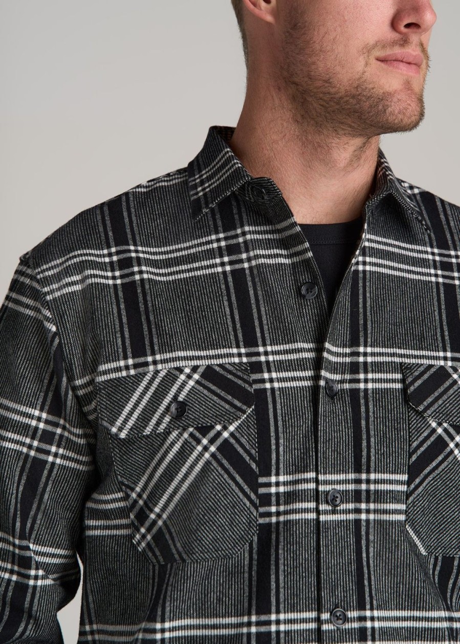 Men American Tall Button Shirts | Lj&S Rugged Plaid Shirt Men'S In Black And Light Grey Plaid