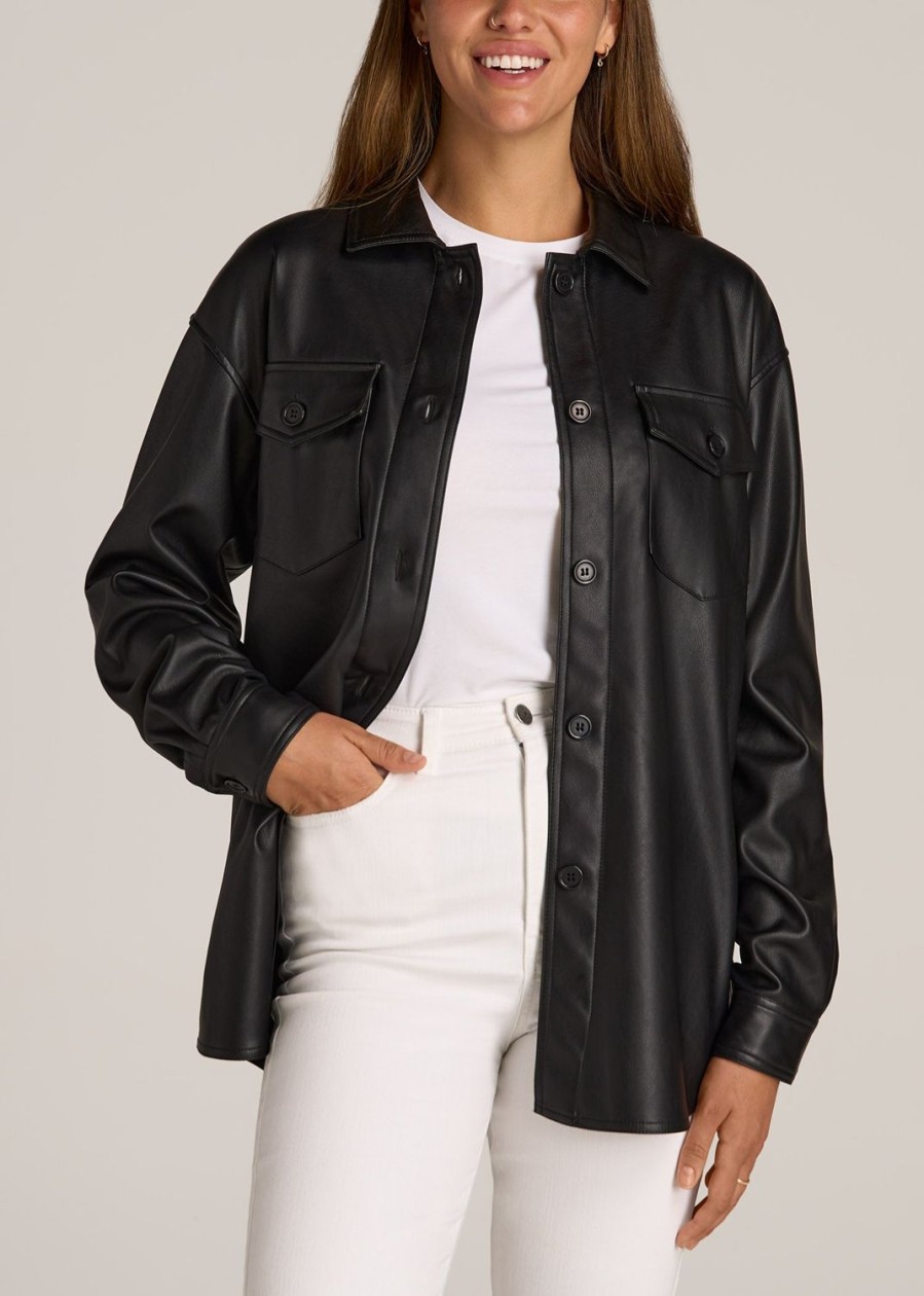 Women American Tall Jackets + Outerwear | Faux Leather Shirt Jacket For Tall Women In Black