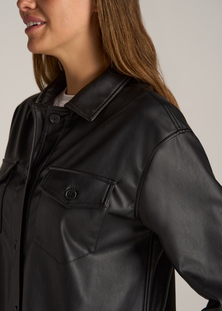 Women American Tall Jackets + Outerwear | Faux Leather Shirt Jacket For Tall Women In Black