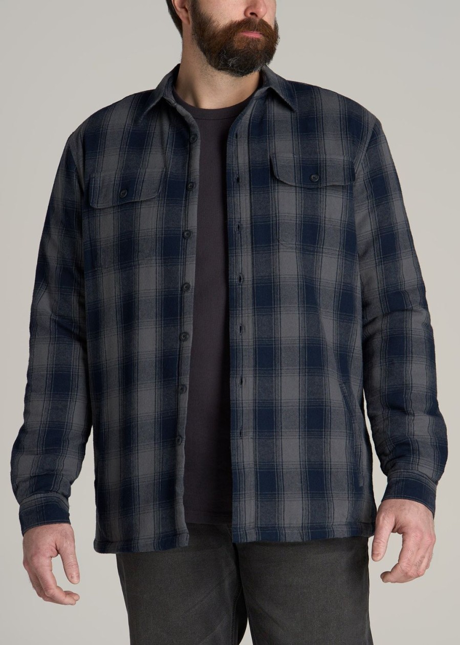 Men American Tall Jackets + Coats | Lj&S Men'S Tall Sherpa Lined Shirt Jacket In Midnight Navy & Medium Grey Plaid