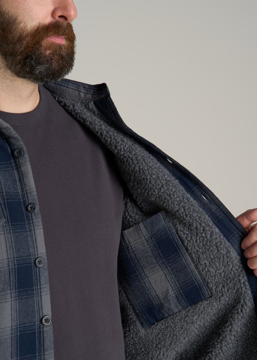 Men American Tall Jackets + Coats | Lj&S Men'S Tall Sherpa Lined Shirt Jacket In Midnight Navy & Medium Grey Plaid