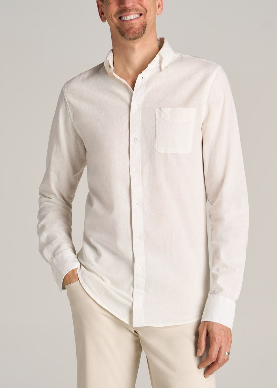 Men American Tall Button Shirts | Linen Long Sleeve Shirt For Tall Men In Bright White