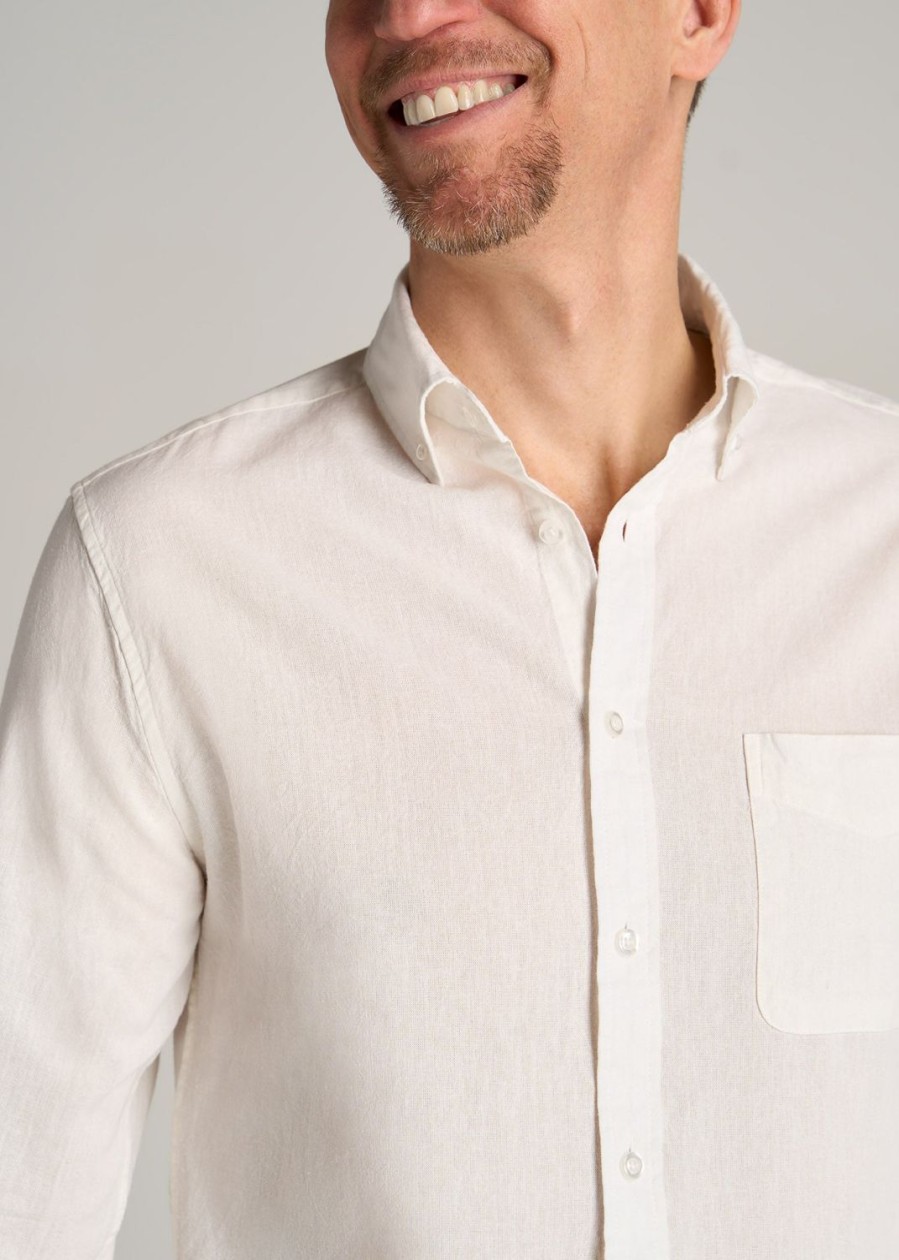 Men American Tall Button Shirts | Linen Long Sleeve Shirt For Tall Men In Bright White