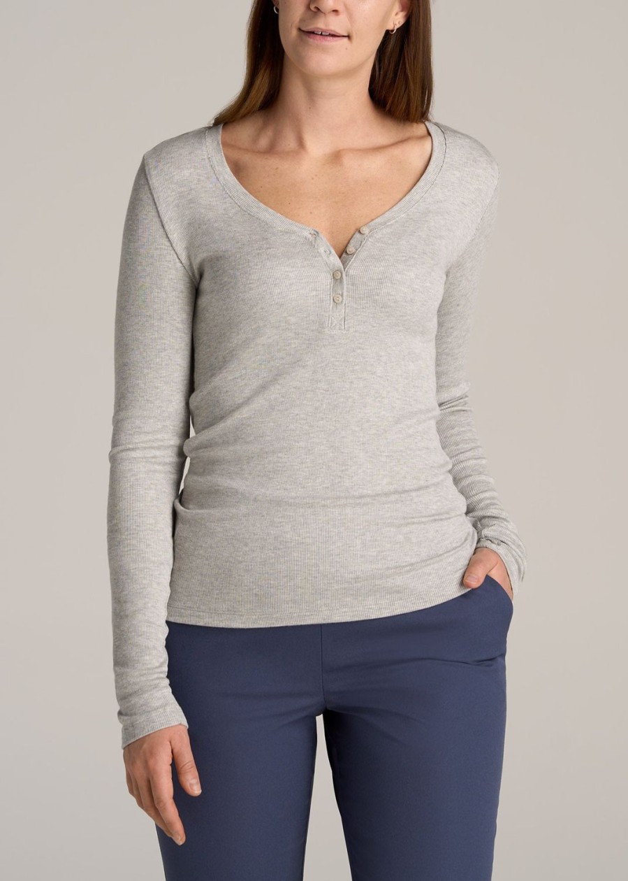 Women American Tall Long Sleeve Tees | Tall Women'S Fitted Ribbed Long Sleeve Henley In Grey Mix