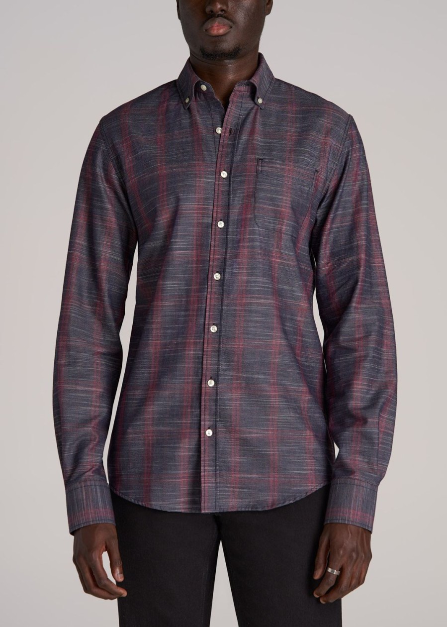 Men American Tall Button Shirts | Textured Weave Cotton Button-Up Shirt For Tall Men In Red Plaid