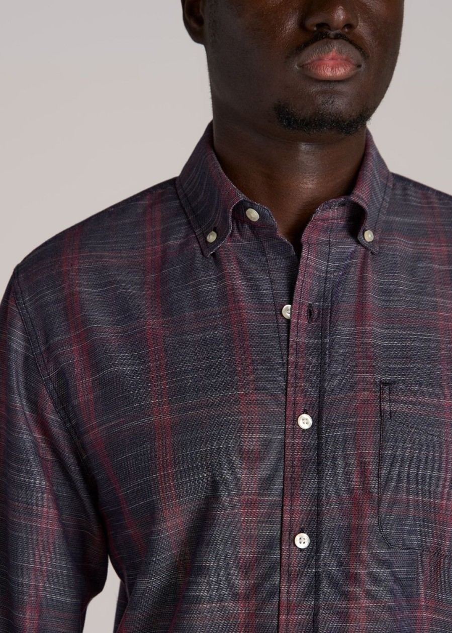 Men American Tall Button Shirts | Textured Weave Cotton Button-Up Shirt For Tall Men In Red Plaid