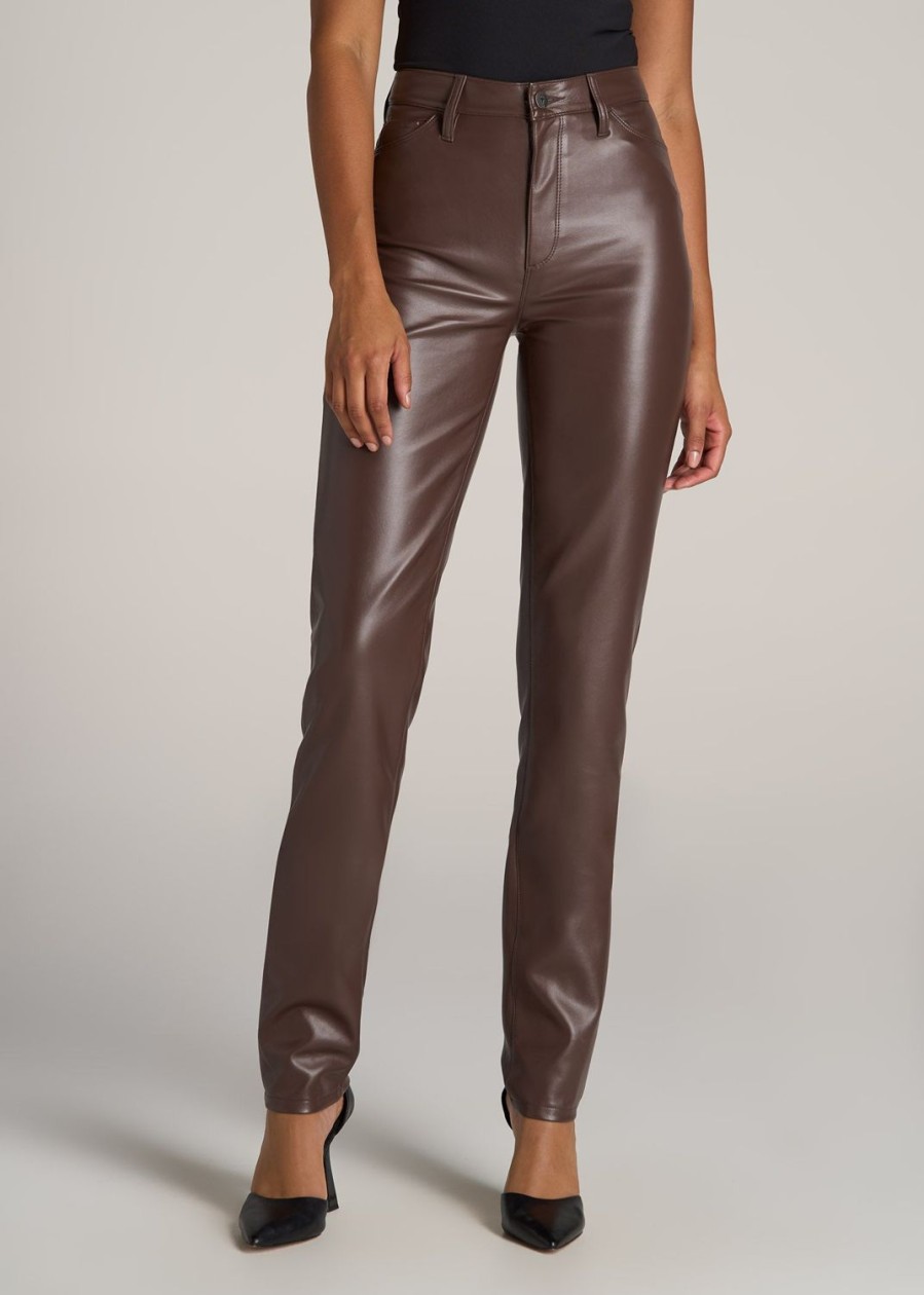 Women American Tall Pants + Trousers | Faux Leather Slim Pants For Tall Women In Chocolate