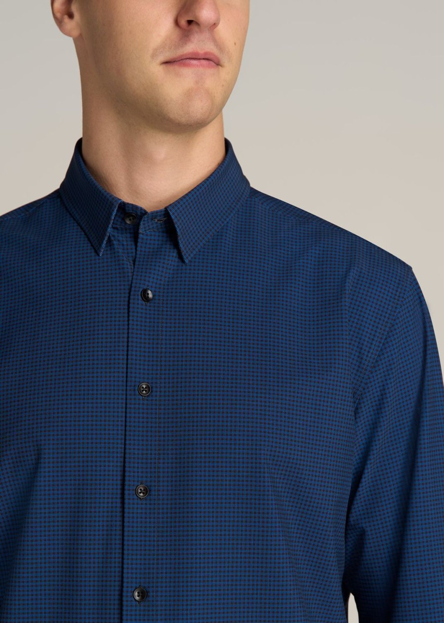 Men American Tall Button Shirts | Traveler Stretch Dress Shirt For Tall Men In Black And Blue Micro Check