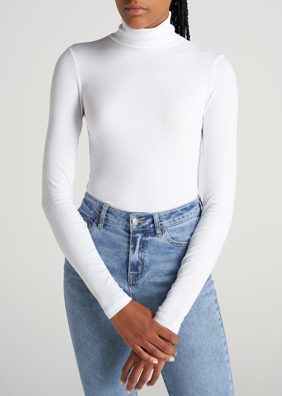 Women American Tall Long Sleeve Tees | Tall Women'S Fitted Long Sleeve Ribbed Turtleneck Tee In White