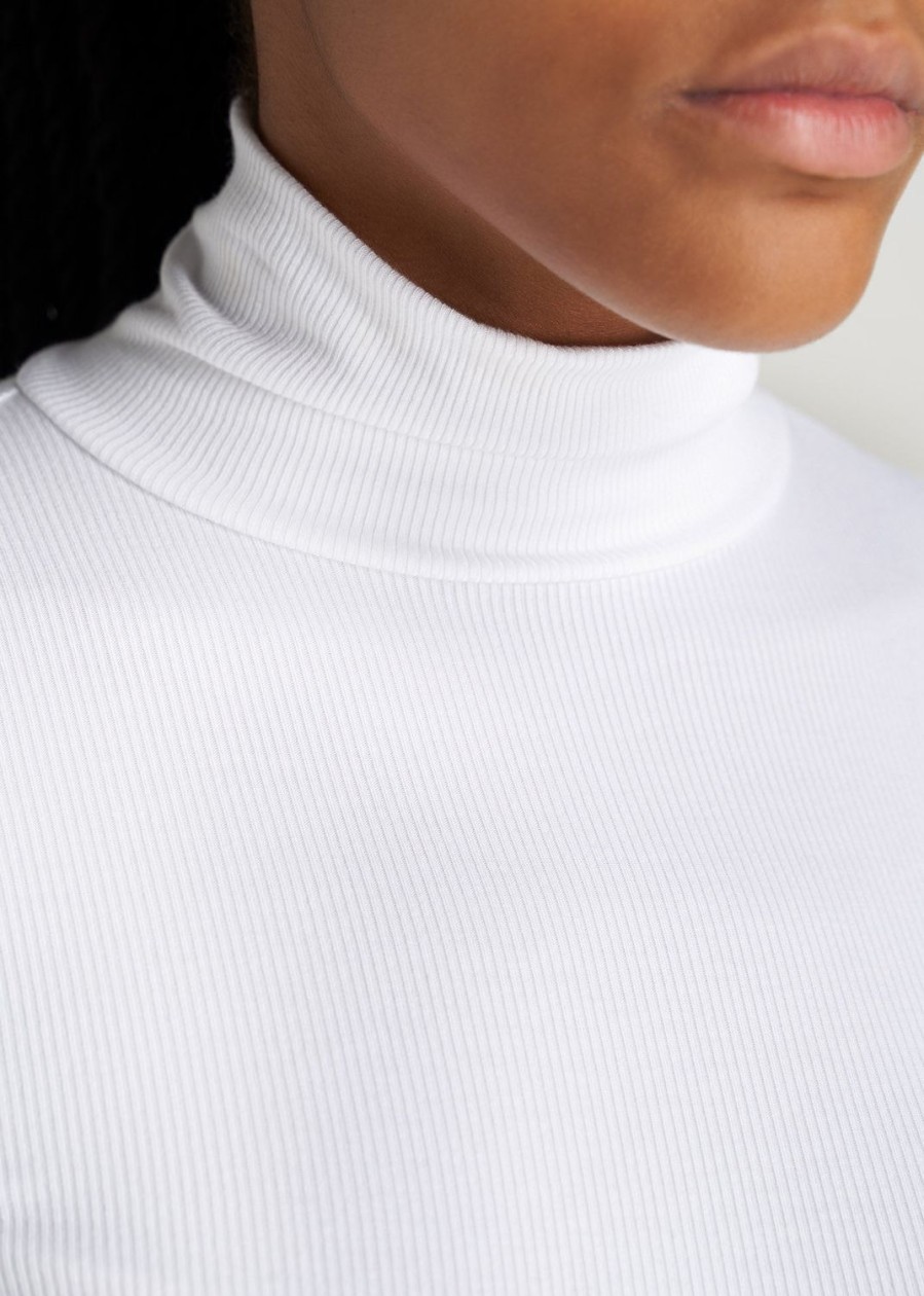 Women American Tall Long Sleeve Tees | Tall Women'S Fitted Long Sleeve Ribbed Turtleneck Tee In White